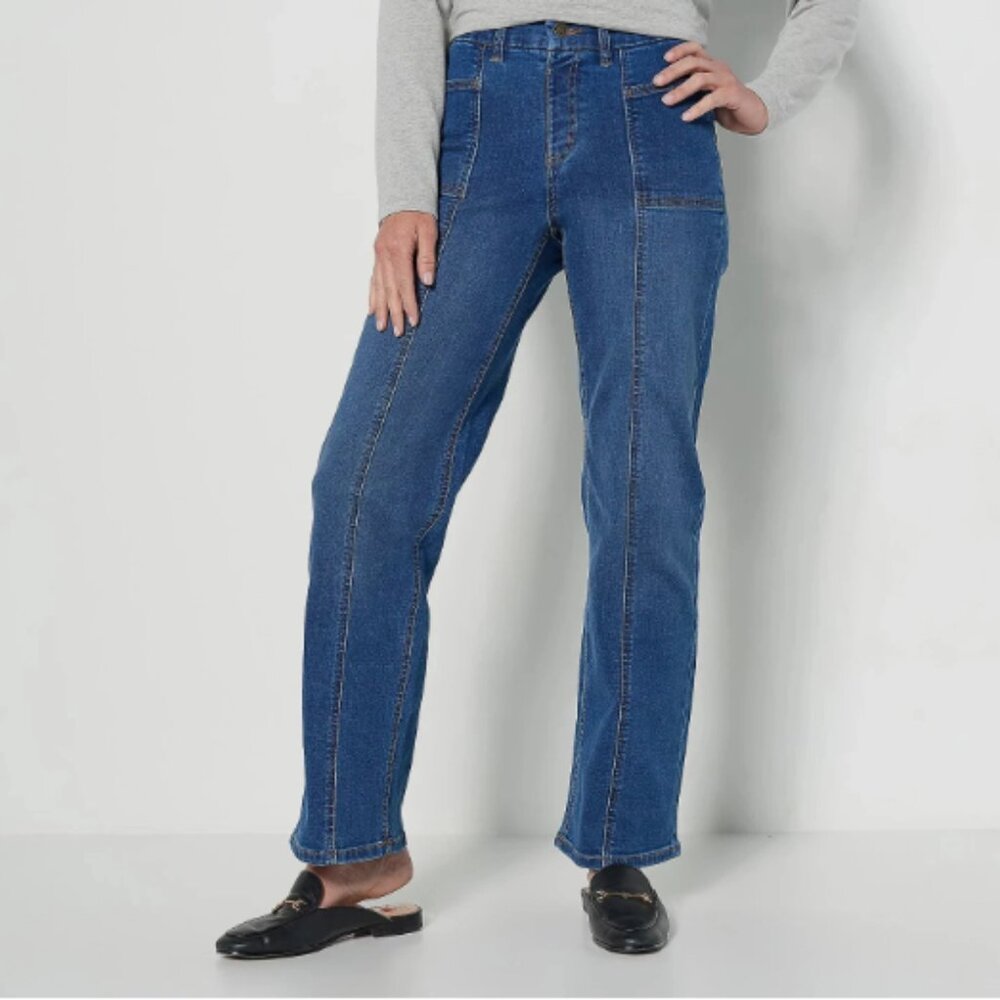 Denim & Co Easy Strtch Tall Wide-Leg Jeans Seam Details-Med Wash-Tall 8-A453650